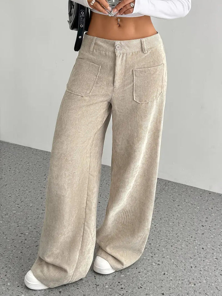 Damen Weite Hose mit Hohem Bund Knopfverschluss und Aufgesetzten Taschen