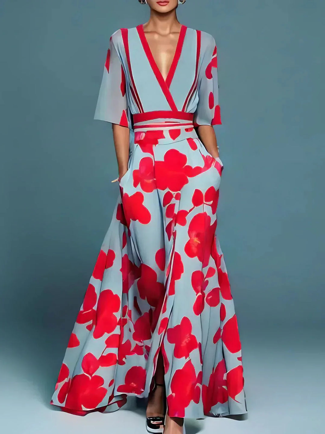 Damen Wickel-Maxikleid mit tiefem V-Dekolleté Blumenmuster und Seitentaschen