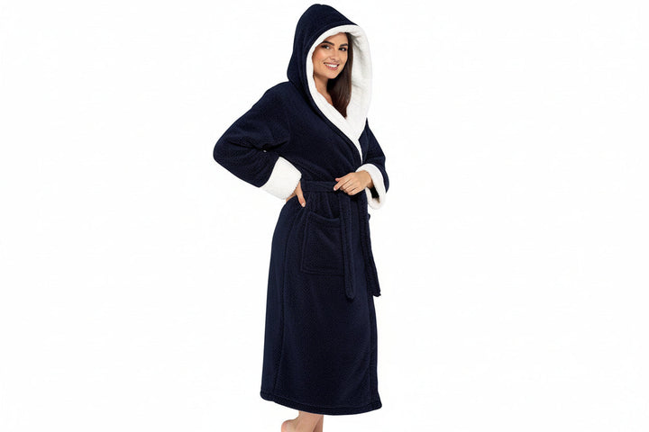 Damen Wickelbademantel mit Kapuze, Gürtel und aufgesetzten Taschen-Women Robe-Alpenkind