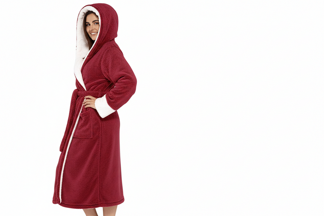 Damen Wickelbademantel mit Kapuze, Gürtel und aufgesetzten Taschen-Women Robe-Alpenkind