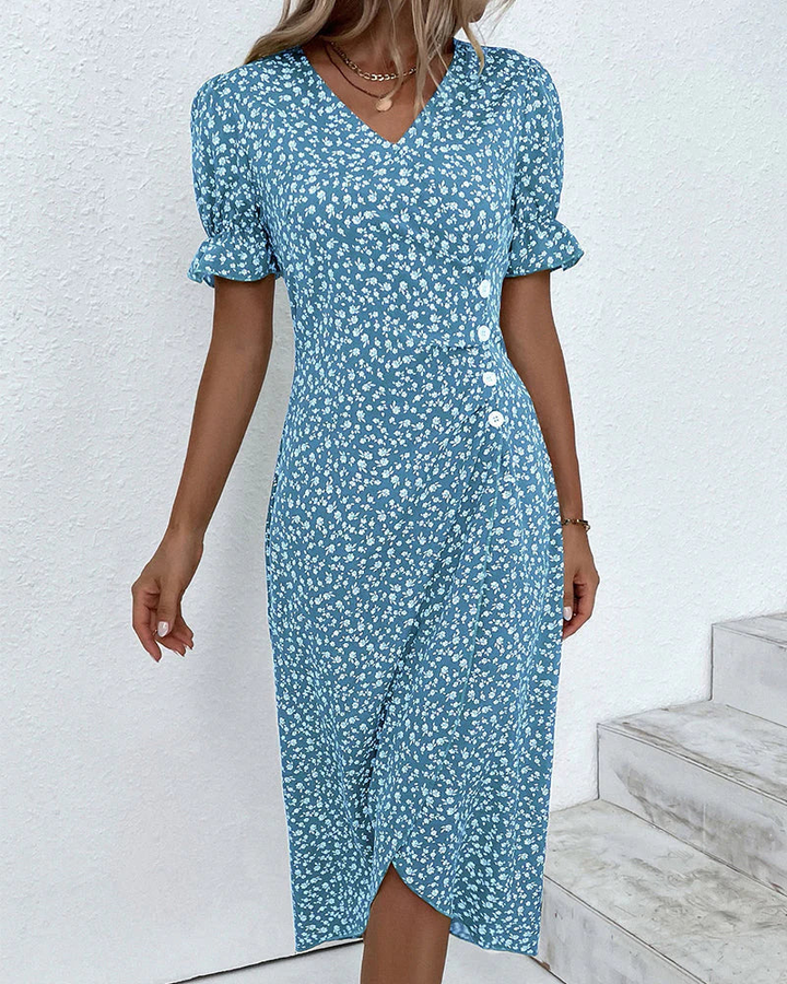 Damen Wickelkleid in Midi-Länge mit V-Ausschnitt Rüschenärmeln Seitlicher Knopfleiste und Blumenmuster