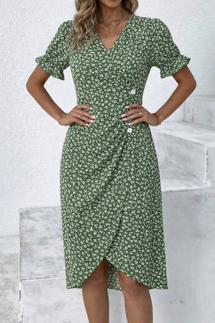 Damen Wickelkleid in Midi-Länge mit V-Ausschnitt Rüschenärmeln Seitlicher Knopfleiste und Blumenmuster