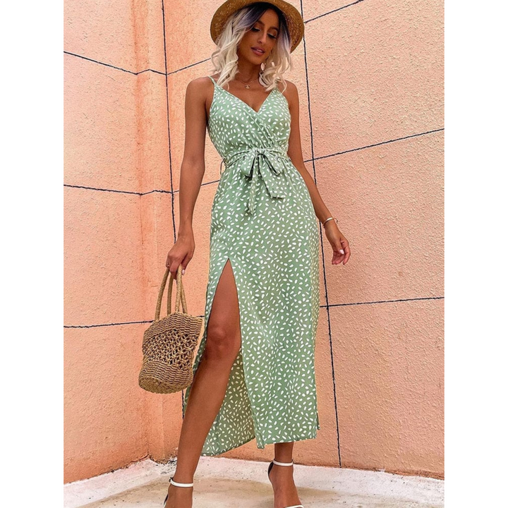 Damen Wickelkleid mit V-Hals Spaghettiträgern Taillenbindung und Beinschlitz