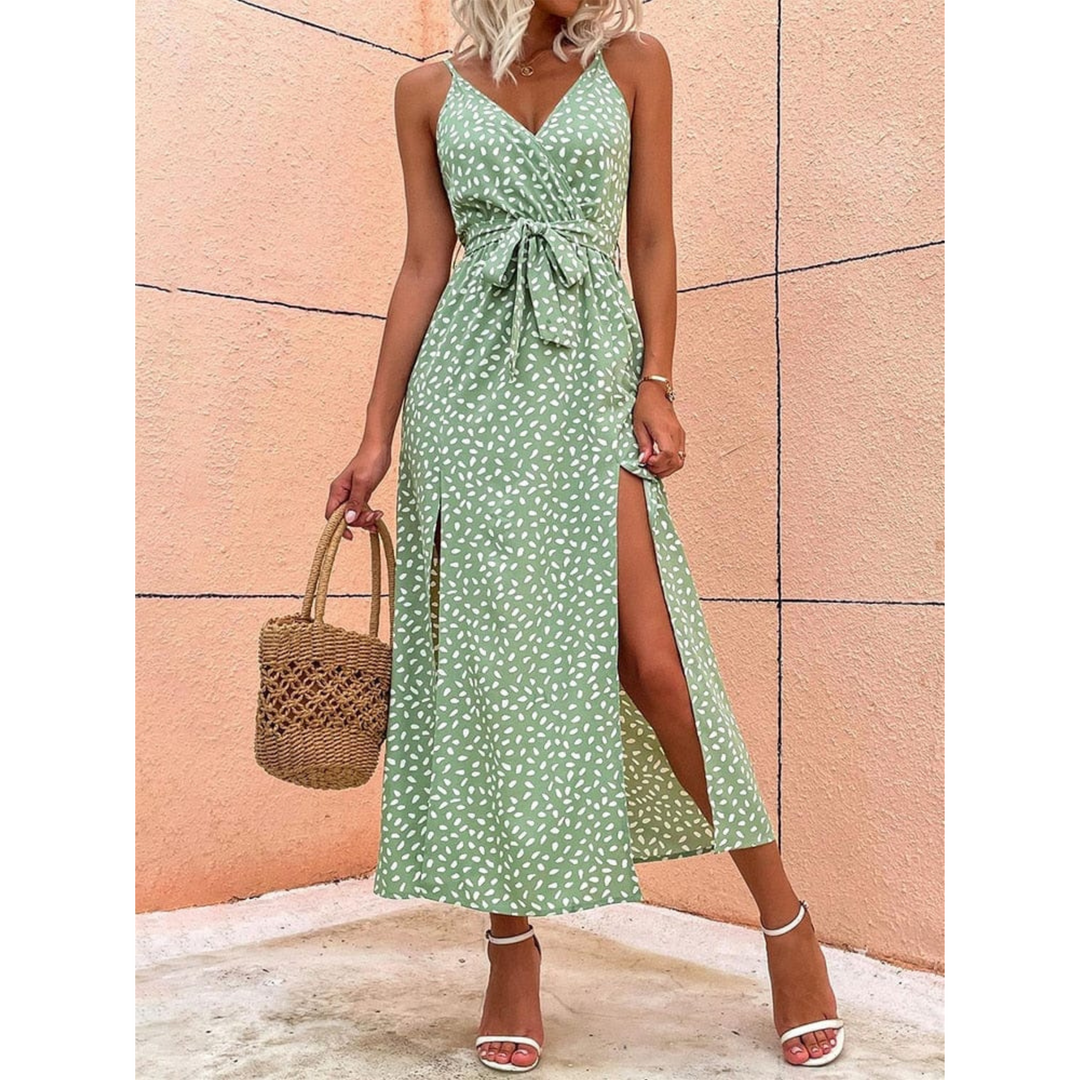Damen Wickelkleid mit V-Hals Spaghettiträgern Taillenbindung und Beinschlitz