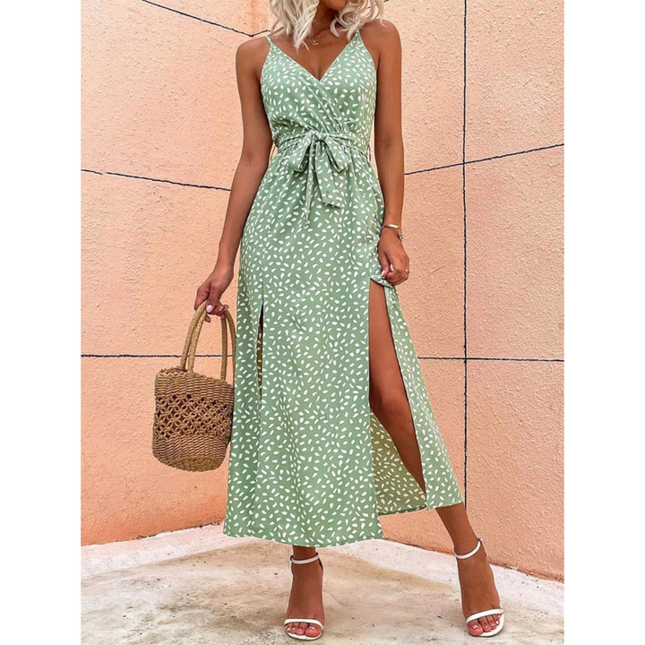 Damen Wickelkleid mit V-Hals Spaghettiträgern Taillenbindung und Beinschlitz