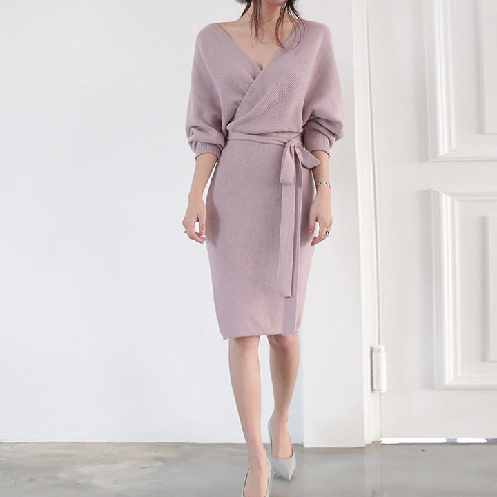Damen Wickelstrickkleid mit V-Ausschnitt und Bindegürtel-Midi Dress-Alpenkind