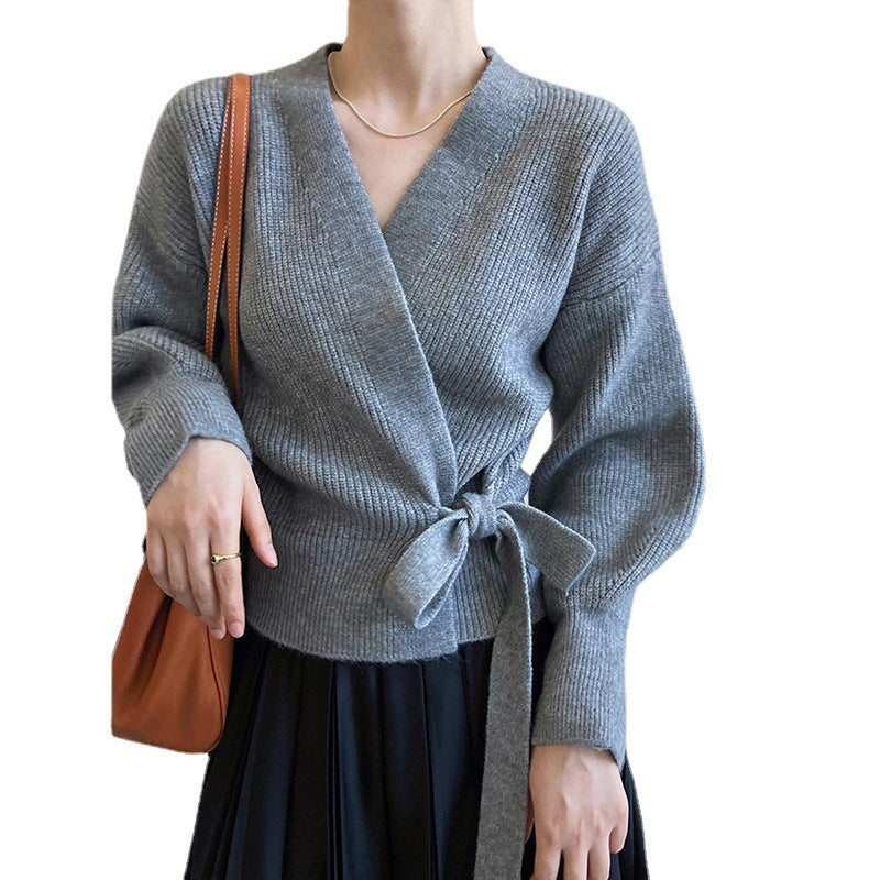 Damen Wickelstrickpullover mit V-Ausschnitt und Bindegürtel-Women Sweaters-Alpenkind
