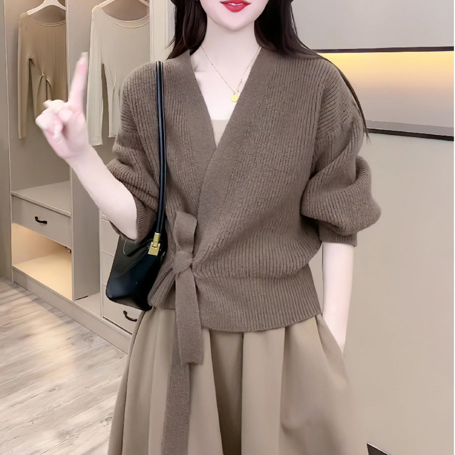 Damen Wickelstrickpullover mit V-Ausschnitt und Bindegürtel-Women Sweaters-Alpenkind
