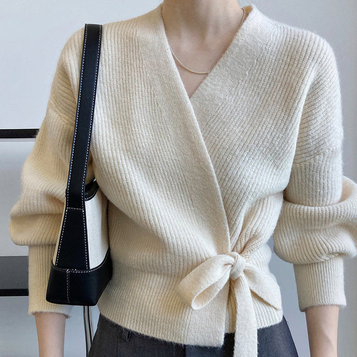 Damen Wickelstrickpullover mit V-Ausschnitt und Bindegürtel-Women Sweaters-Alpenkind