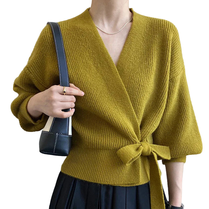 Damen Wickelstrickpullover mit V-Ausschnitt und Bindegürtel-Women Sweaters-Alpenkind