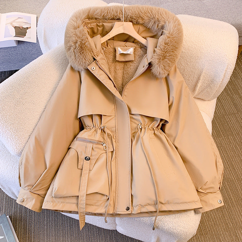Damen Winterjacke mit Kunstfell-Kapuze und Kordelzug