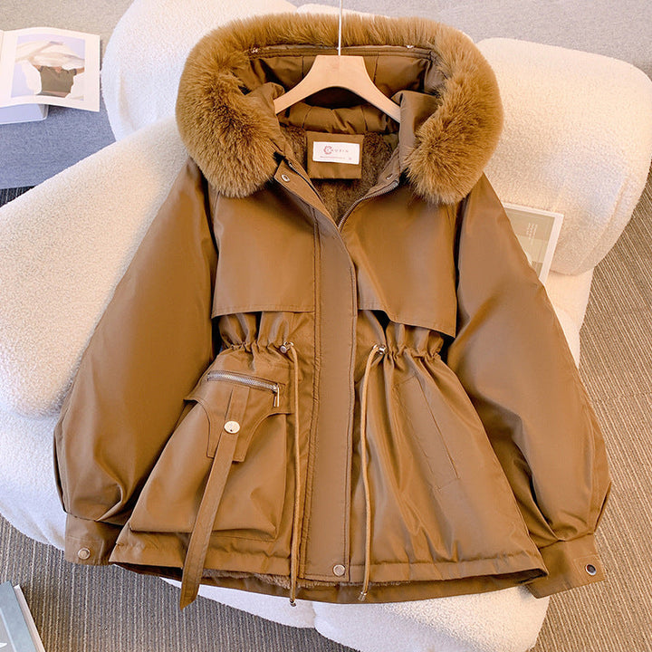 Damen Winterjacke mit Kunstfell-Kapuze und Kordelzug