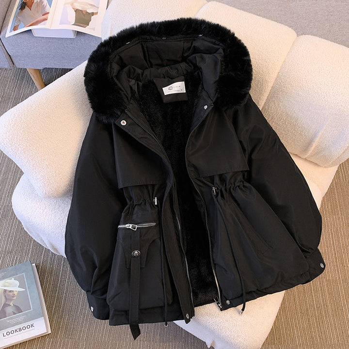 Damen Winterjacke mit Kunstfell-Kapuze und Kordelzug