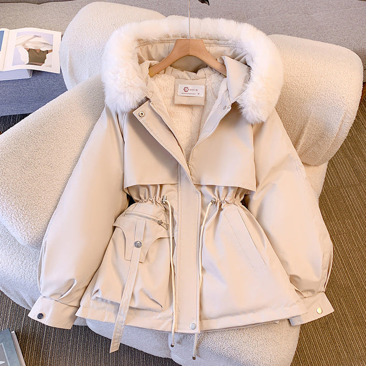 Damen Winterjacke mit Kunstfell-Kapuze und Kordelzug