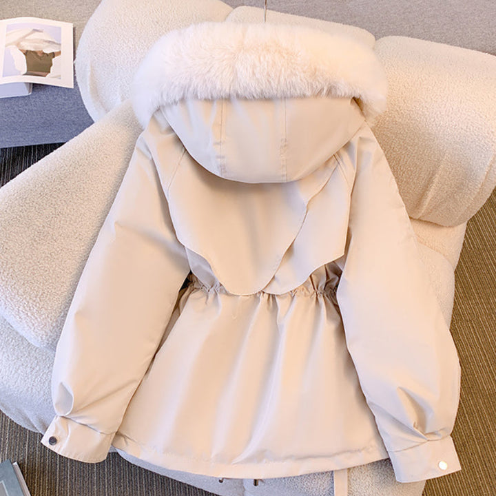 Damen Winterjacke mit Kunstfell-Kapuze und Kordelzug