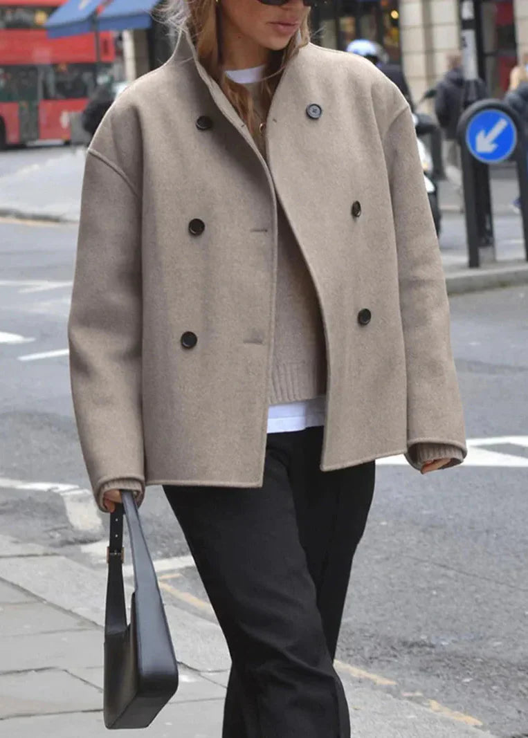 Damen Zweireihige Kurzjacke mit Stehkragen und Kontrastknöpfen