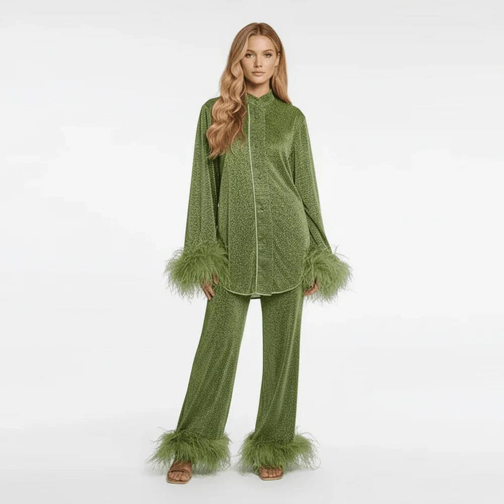 Damen Zweiteiler mit Hemd und Hose mit Federbesatz-Women Set-Alpenkind