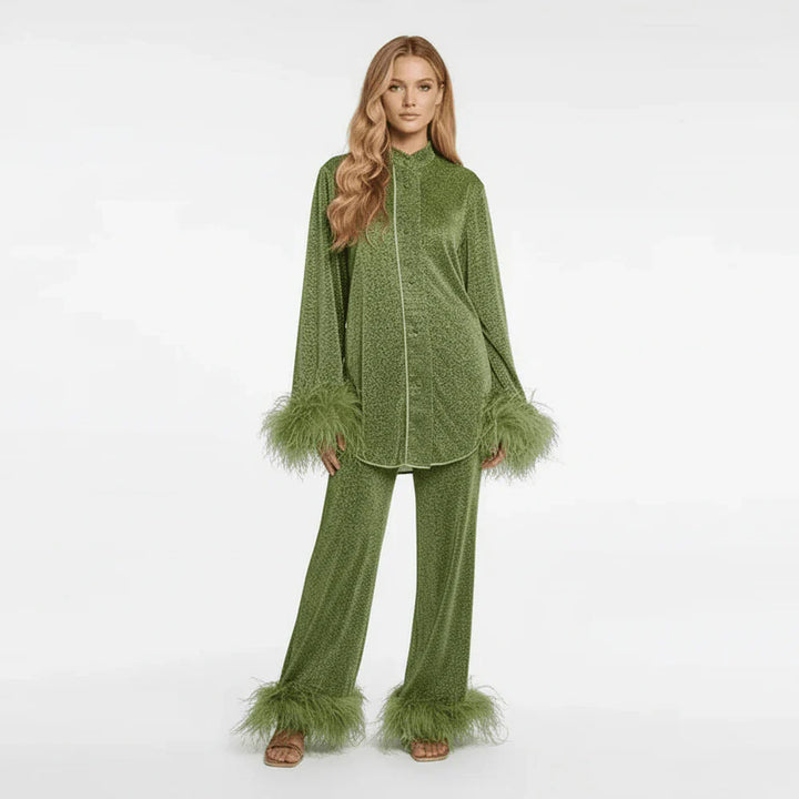Damen Zweiteiler mit Hemd und Hose mit Federbesatz-Women Set-Alpenkind