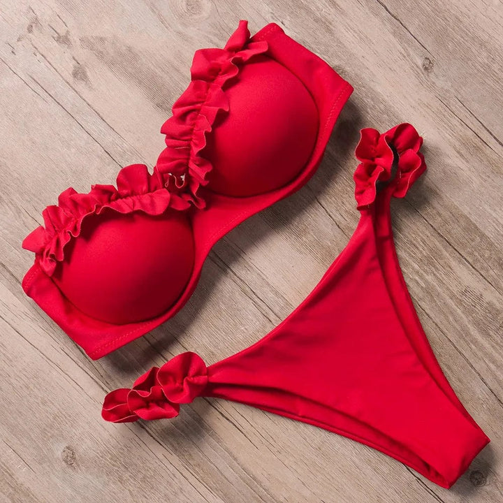 Damen Zweiteiliger Bikini mit Trägerlosem Oberteil Volants und Bindung am Rücken