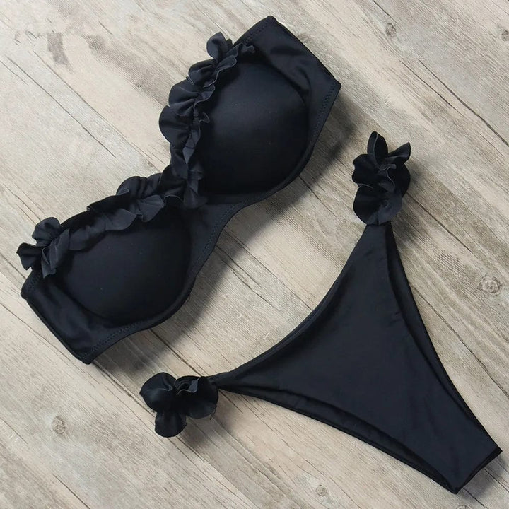 Damen Zweiteiliger Bikini mit Trägerlosem Oberteil Volants und Bindung am Rücken
