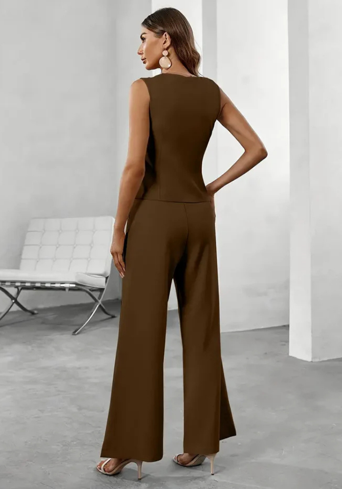 Damen Zweiteiliges Set mit Ärmellose Weste V-Halsbereich Knopfverschluss und Hose mit weitem Bein