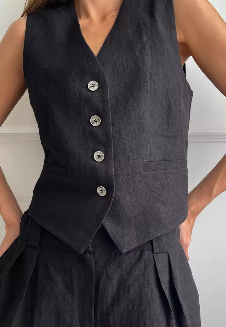 Damen zweiteiliges Set mit ärmellosem Oberteil V-Ausschnitt Knopfleiste und weiter Hose