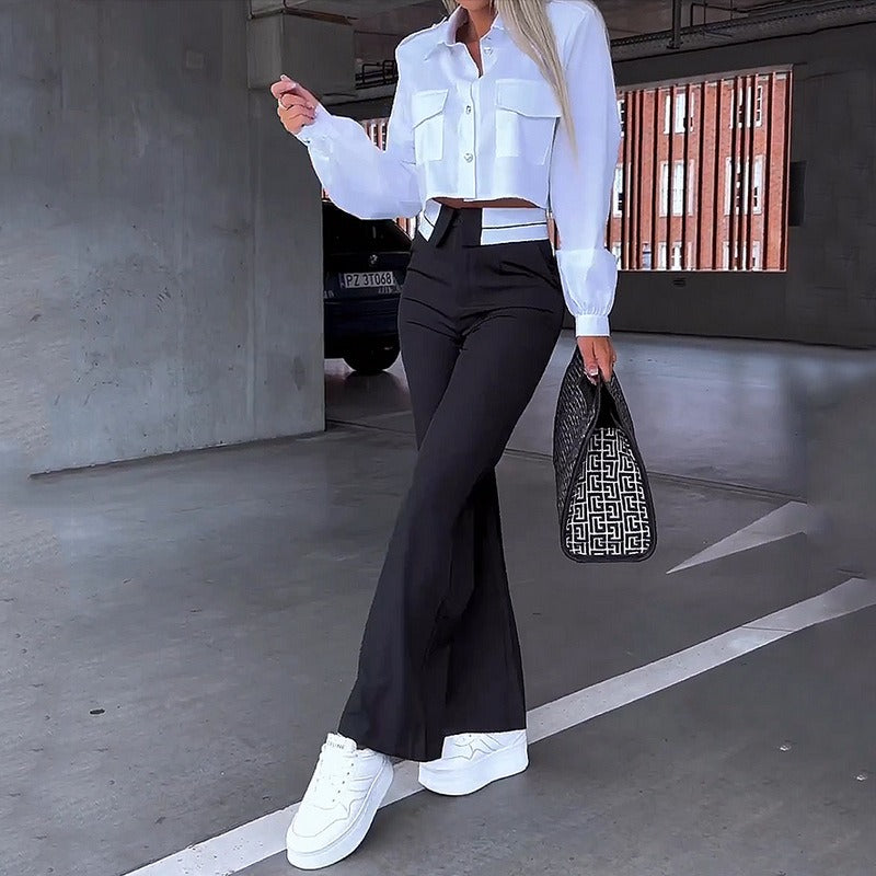 Damen Zweiteiliges Set mit Crop-Bluse Hemdkragen Brusttaschen und Schlaghose mit hohem Bund