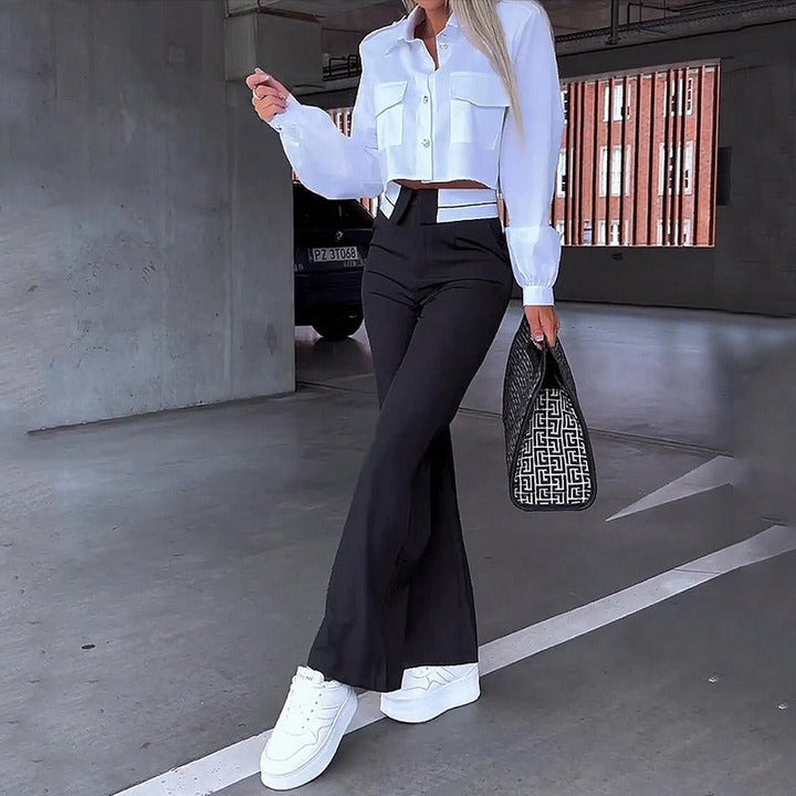 Damen Zweiteiliges Set mit Crop-Bluse Hemdkragen Brusttaschen und Schlaghose mit hohem Bund