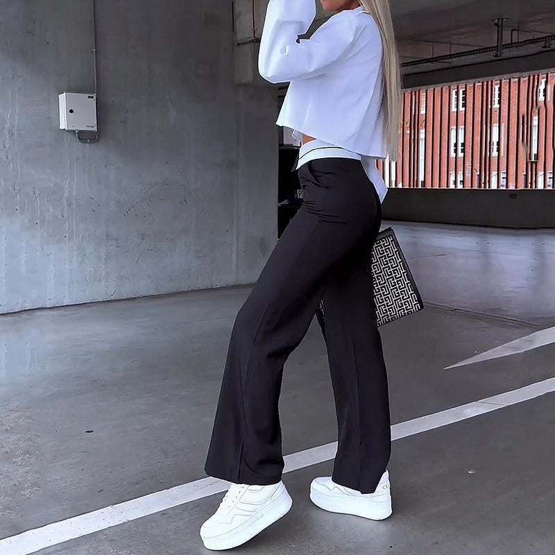 Damen Zweiteiliges Set mit Crop-Bluse Hemdkragen Brusttaschen und Schlaghose mit hohem Bund