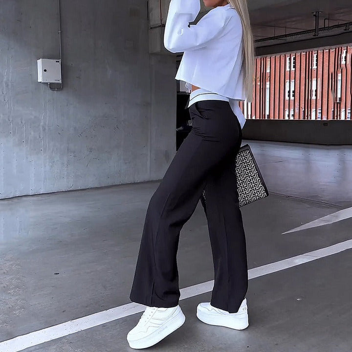 Damen Zweiteiliges Set mit Crop-Bluse Hemdkragen Brusttaschen und Schlaghose mit hohem Bund