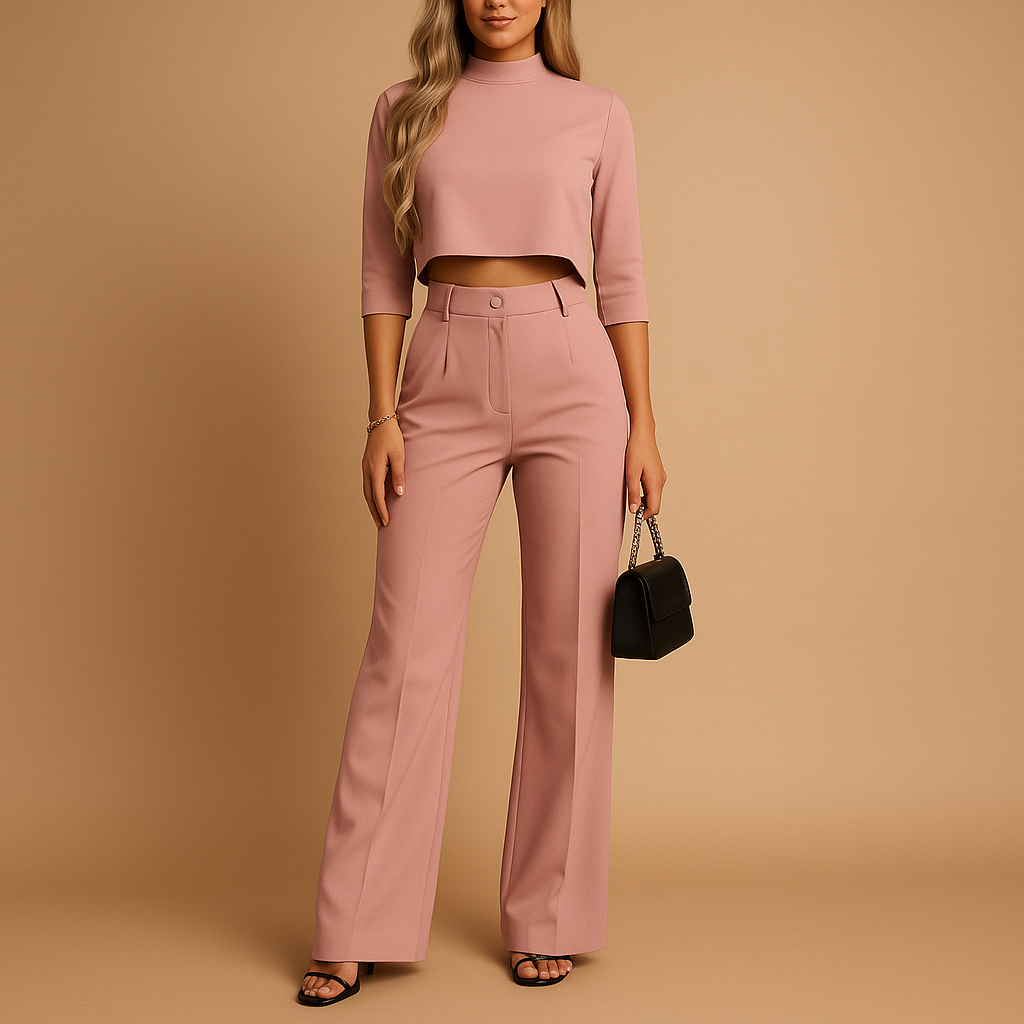 Damen Zweiteiliges Set mit Kurzem Langarm-Oberteil und Gerade Geschnittener Hose-Women Set-Alpenkind