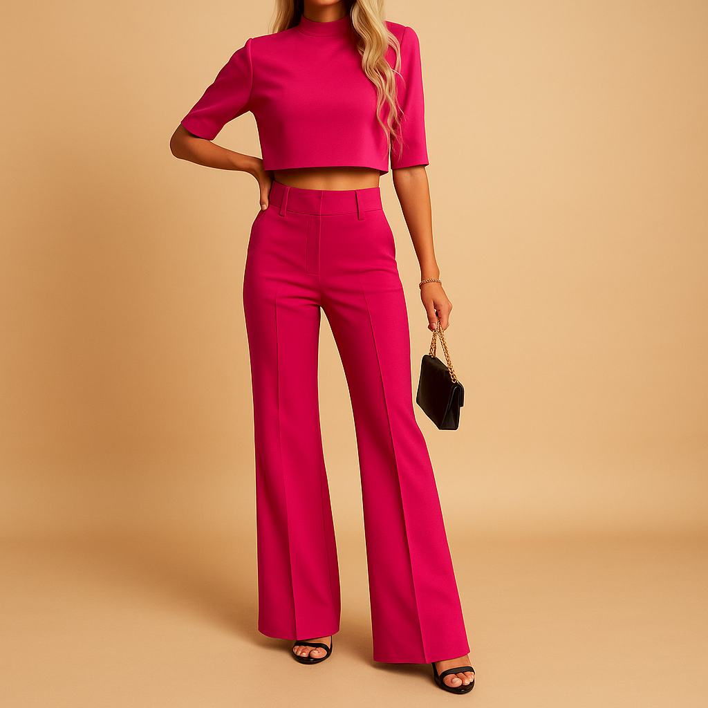 Damen Zweiteiliges Set mit Kurzem Langarm-Oberteil und Gerade Geschnittener Hose-Women Set-Alpenkind