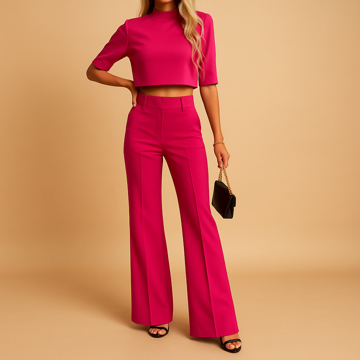 Damen Zweiteiliges Set mit Kurzem Langarm-Oberteil und Gerade Geschnittener Hose-Women Set-Alpenkind