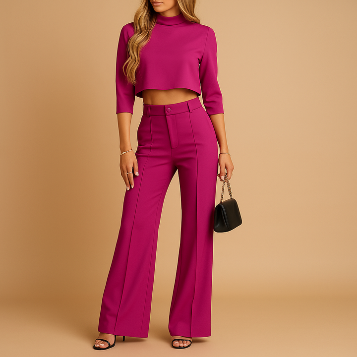Damen Zweiteiliges Set mit Kurzem Langarm-Oberteil und Gerade Geschnittener Hose-Women Set-Alpenkind