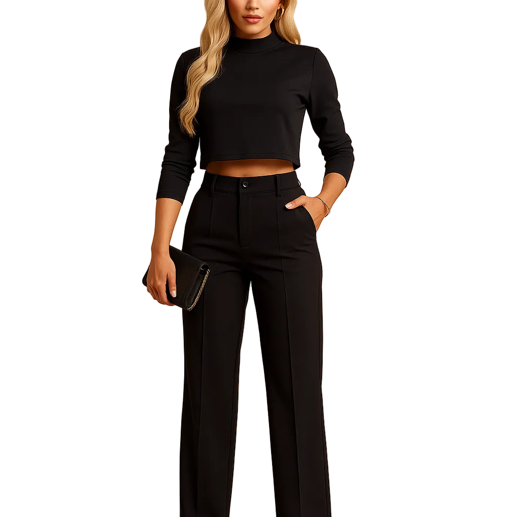 Damen Zweiteiliges Set mit Kurzem Langarm-Oberteil und Gerade Geschnittener Hose-Women Set-Alpenkind