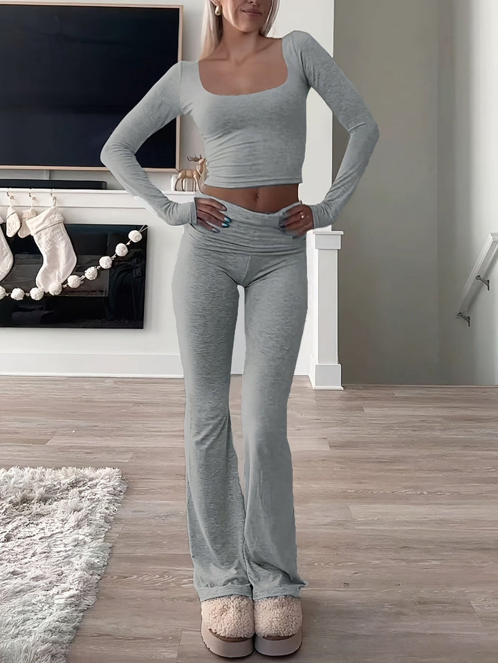 Damen Zweiteiliges Set mit Langarm-Crop-Top quadratischem Ausschnitt hohem Bund und Schlaghose