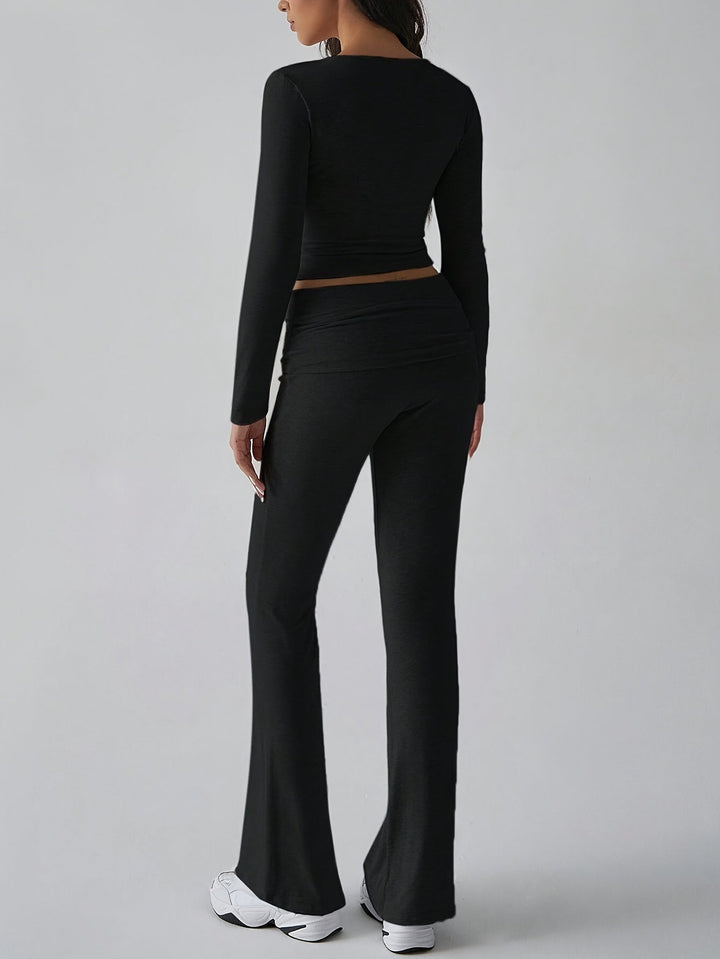 Damen Zweiteiliges Set mit Langarm-Crop-Top quadratischem Ausschnitt hohem Bund und Schlaghose
