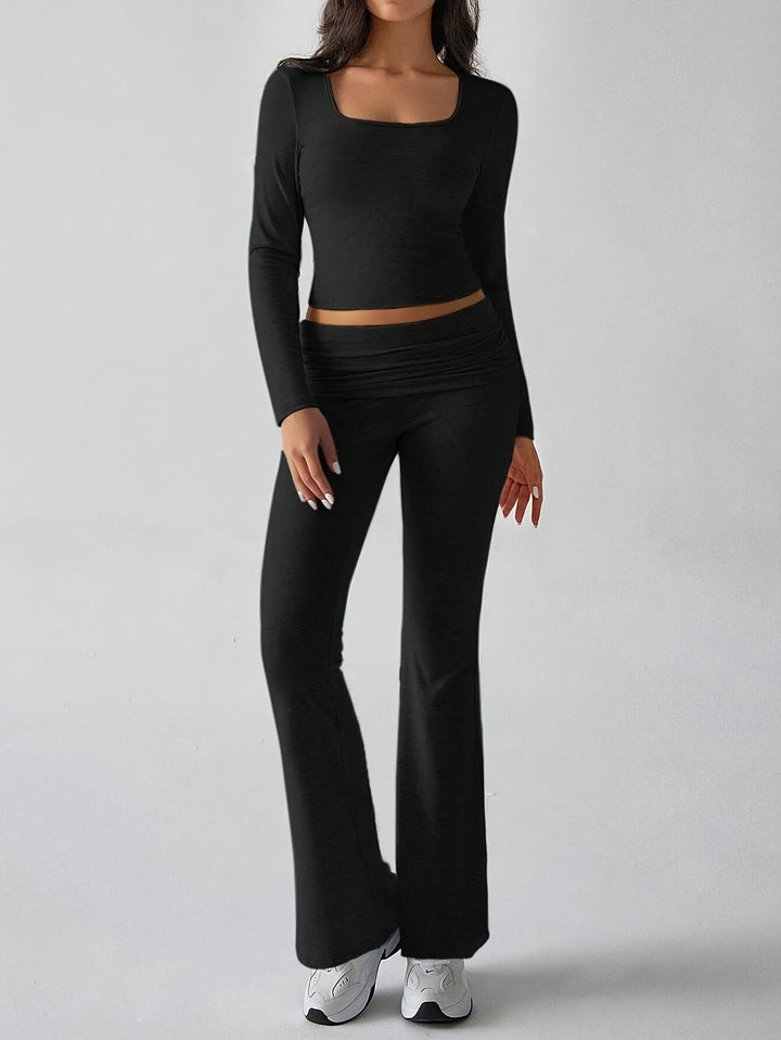 Damen Zweiteiliges Set mit Langarm-Crop-Top quadratischem Ausschnitt hohem Bund und Schlaghose