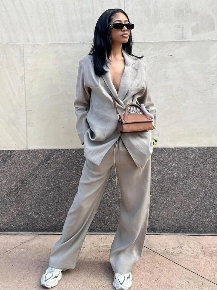 Damen Zweiteiliges Set mit Langem Blazer Reverskragen Bindegürtel und Weiter Hose
