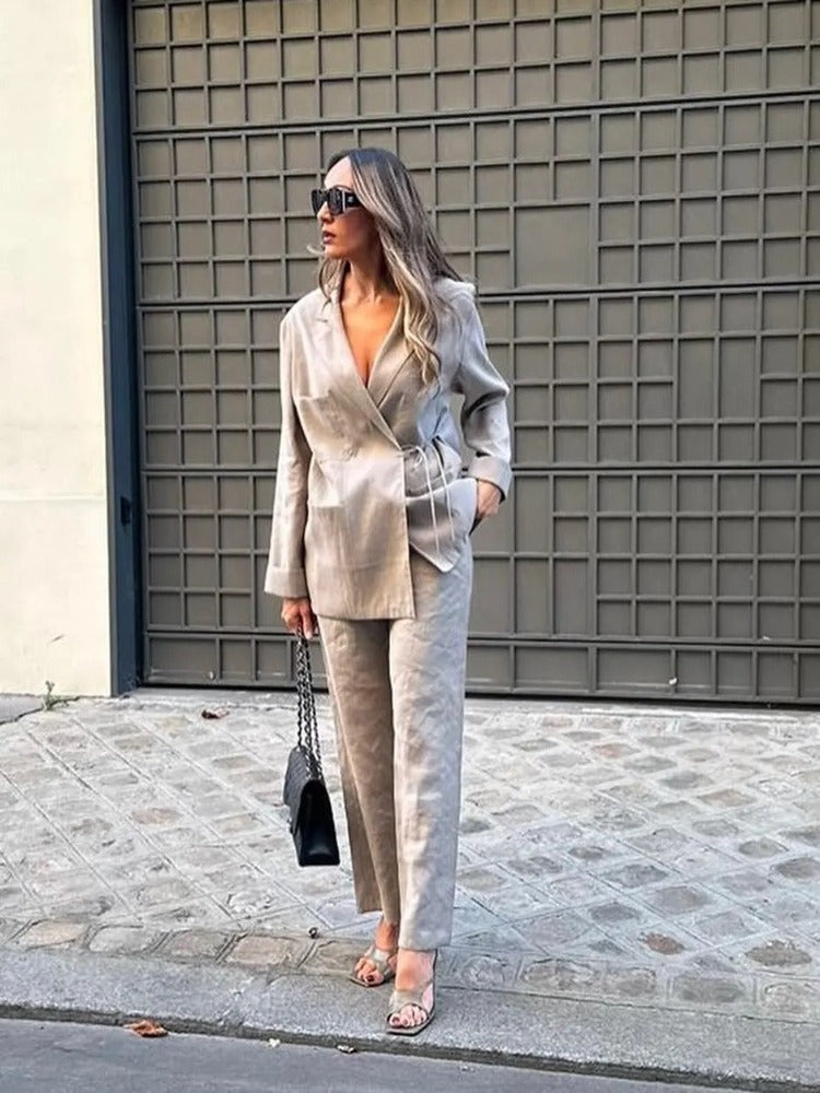 Damen Zweiteiliges Set mit Langem Blazer Reverskragen Bindegürtel und Weiter Hose