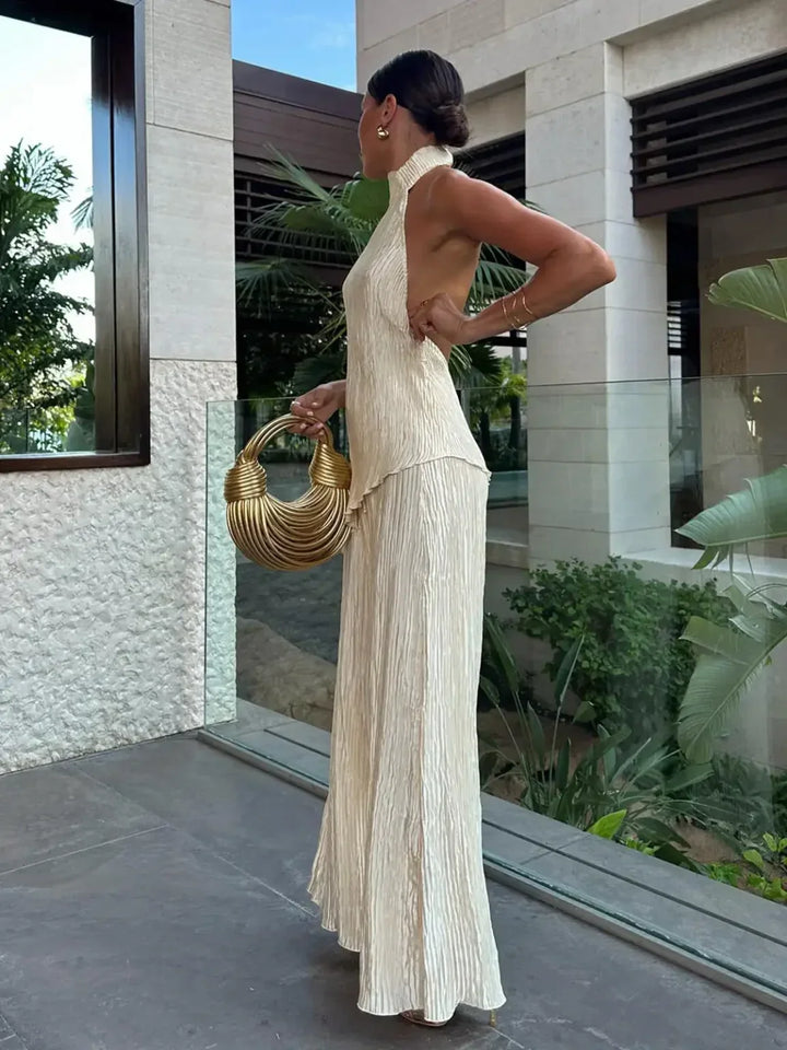 Damen Zweiteiliges Set mit Neckholder-Oberteil und weiter Hose mit Plissee-Oberfläche
