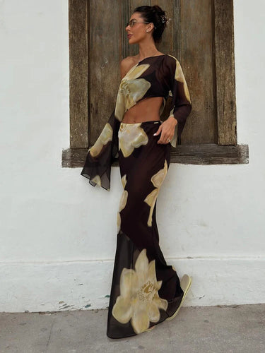Damen zweiteiliges Set mit One-Shoulder-Top und langem Rock-Women Set-Alpenkind
