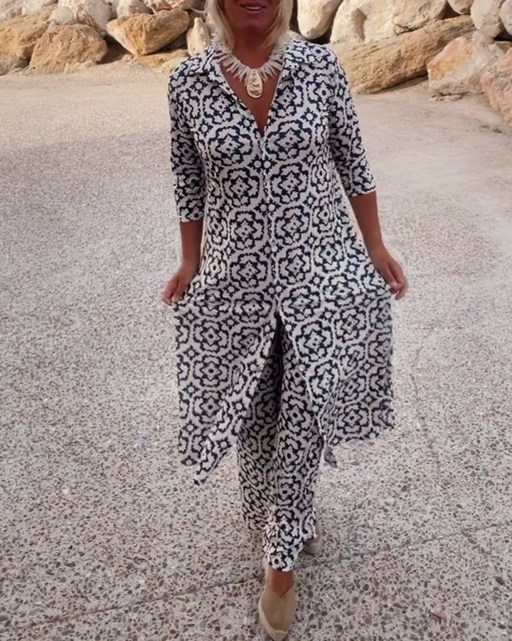 Damen Zweiteiliges Set mit Tunika V-förmigem Halsbereich Dreiviertelärmeln Knopfleiste und Langer Hose mit Geometrischem Muster