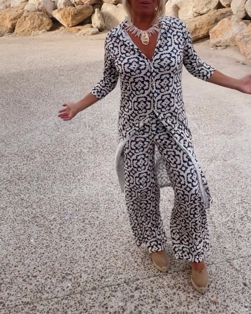 Damen Zweiteiliges Set mit Tunika V-förmigem Halsbereich Dreiviertelärmeln Knopfleiste und Langer Hose mit Geometrischem Muster