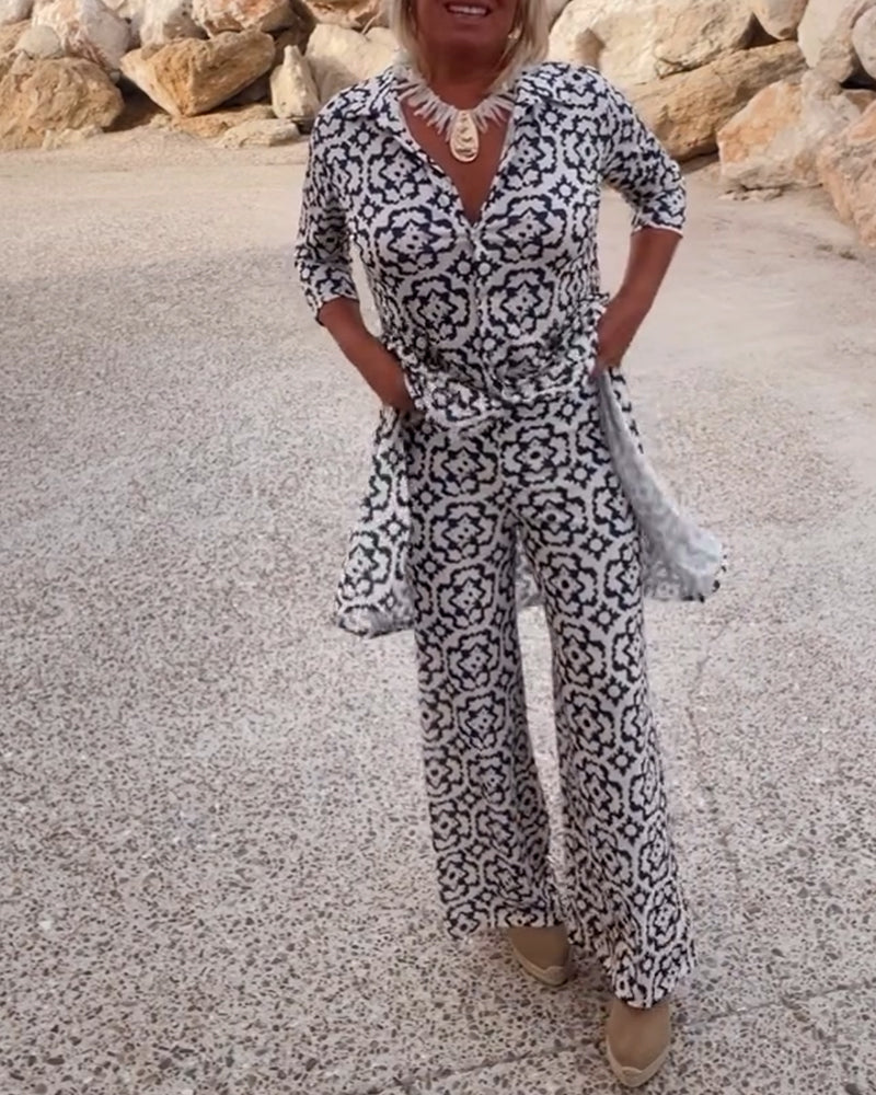 Damen Zweiteiliges Set mit Tunika V-förmigem Halsbereich Dreiviertelärmeln Knopfleiste und Langer Hose mit Geometrischem Muster