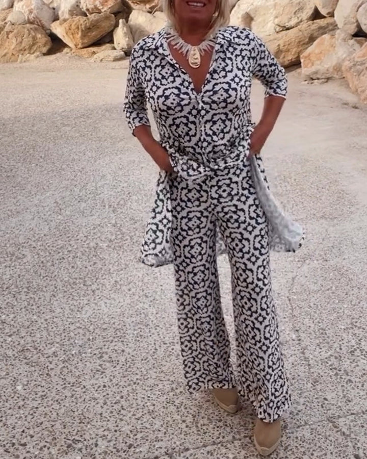 Damen Zweiteiliges Set mit Tunika V-förmigem Halsbereich Dreiviertelärmeln Knopfleiste und Langer Hose mit Geometrischem Muster