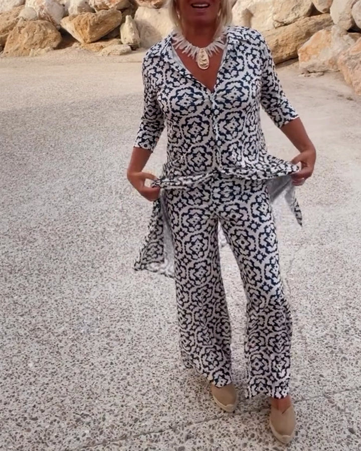 Damen Zweiteiliges Set mit Tunika V-förmigem Halsbereich Dreiviertelärmeln Knopfleiste und Langer Hose mit Geometrischem Muster