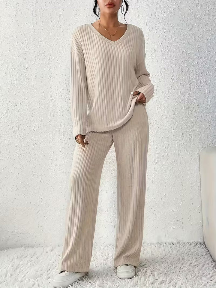 Damen Zweiteiliges Set mit V-Ausschnitt Oberteil und Weiter Hose