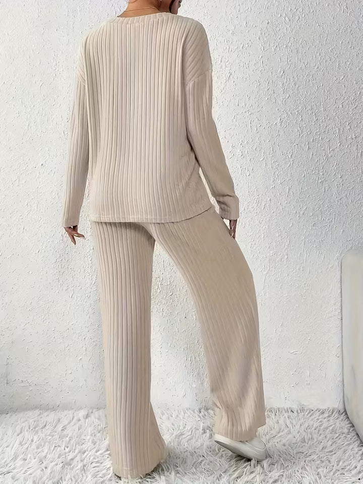 Damen Zweiteiliges Set mit V-Ausschnitt Oberteil und Weiter Hose