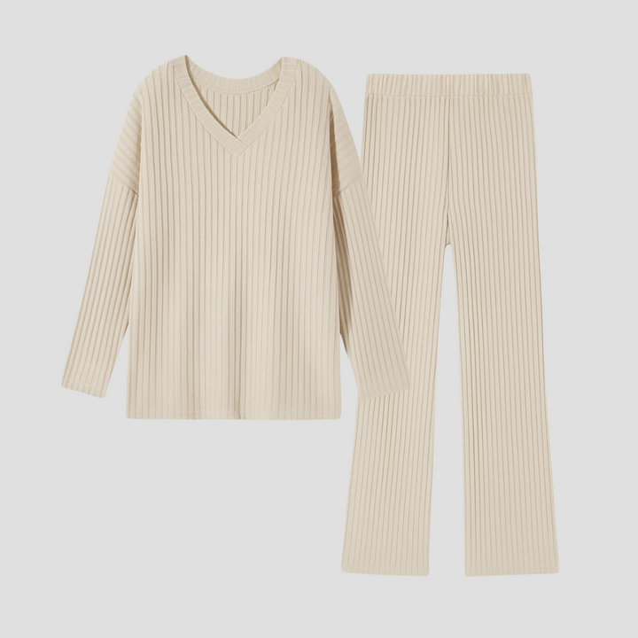 Damen Zweiteiliges Set mit V-Ausschnitt Oberteil und Weiter Hose
